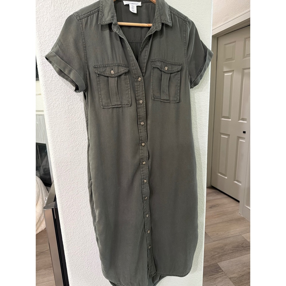 Lucky Brand Olive Green Lyocell Button Down Shirt Dress Short Sleeve Medium